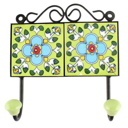 Ceramic Floral Tile hook in Pea Green 